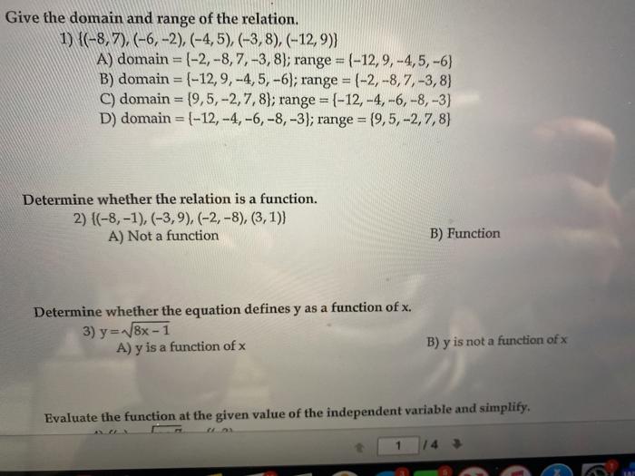 Solved Give the domain and range of the relation. 1) {(-8, | Chegg.com