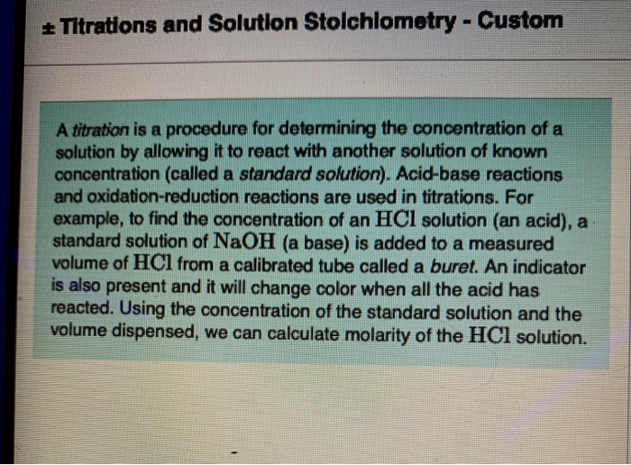 Solved + Titrations and Solution Stoichiometry - Custom A | Chegg.com