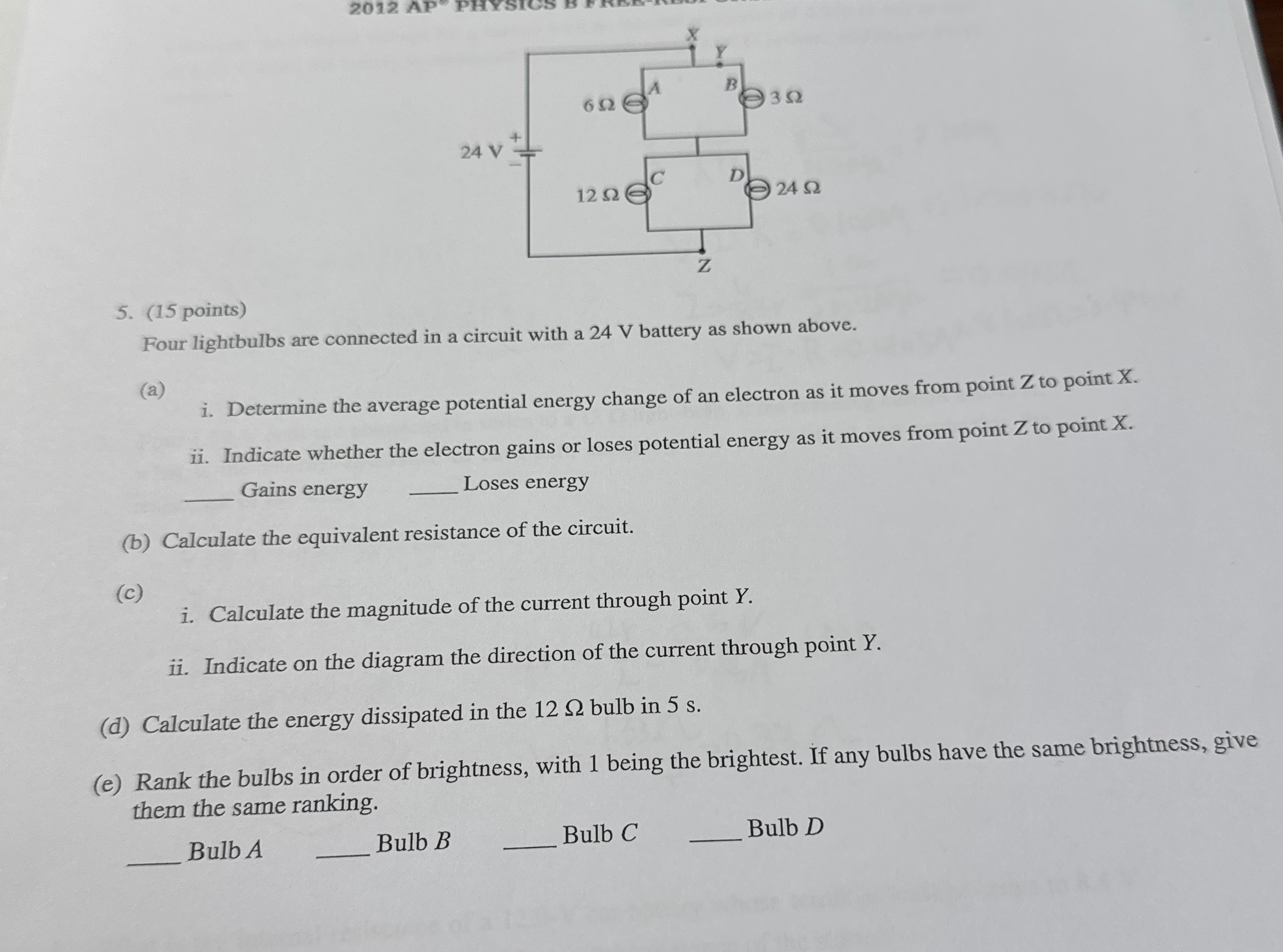 (15 ﻿points)Four lightbulbs are connected in a