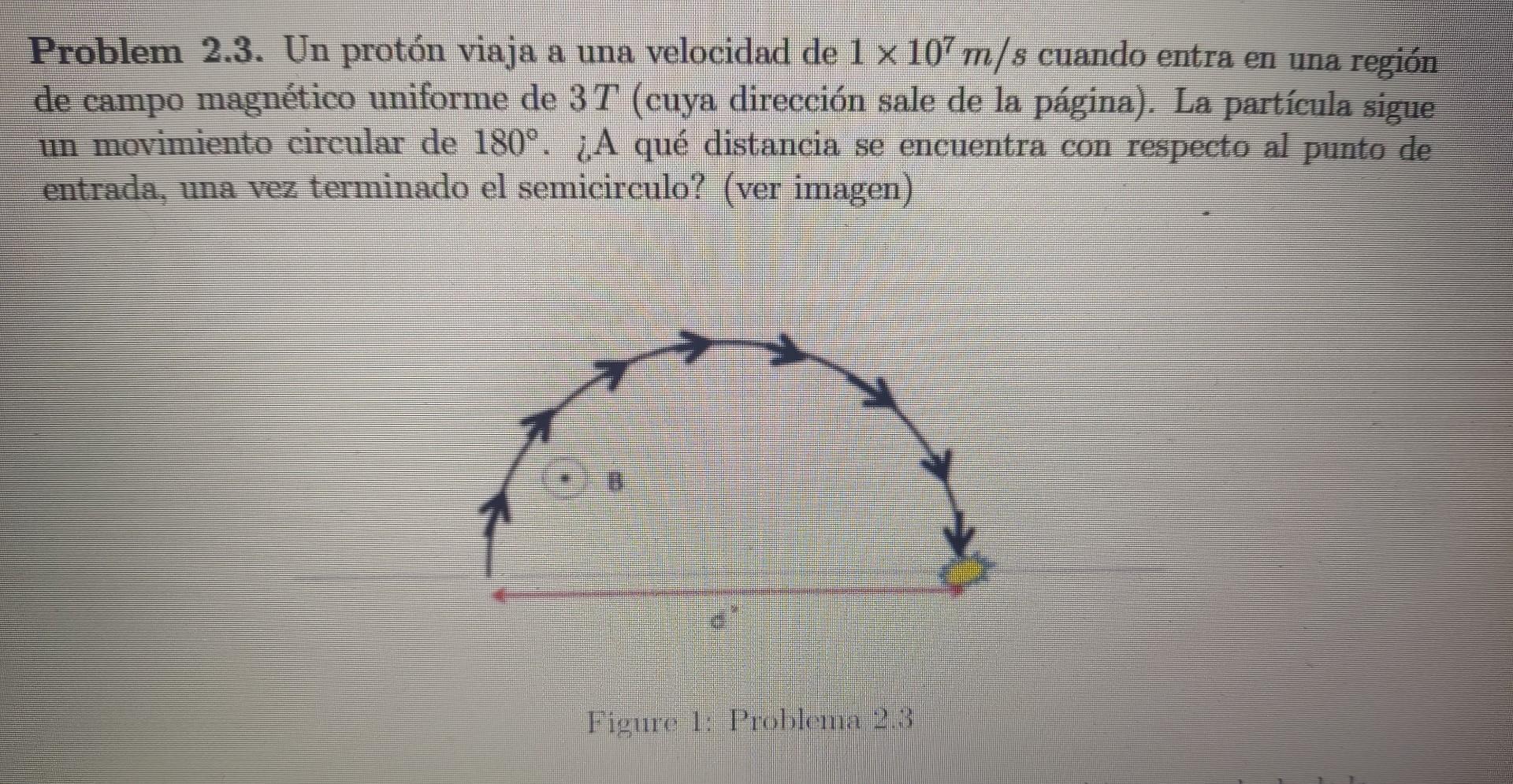 Problem 2.3. Un protón viaja a una velocidad de \( 1 \times 10^{7} \mathrm{~m} / \mathrm{s} \) cuando entra en una región de