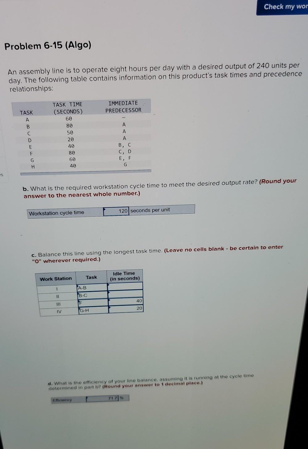Solved Check my wor Problem 6-15 (Algo) An assembly line is | Chegg.com