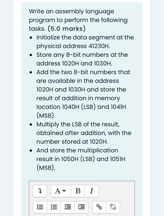 Solved Write an assembly language program to perform the | Chegg.com