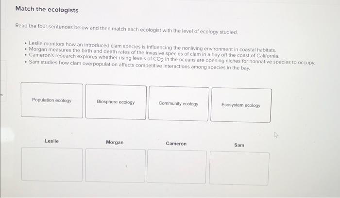 Solved Match The Ecologists Read The Four Sentences Below Chegg