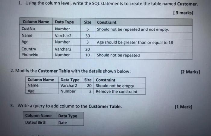 Solved 1. Using the column level, write the SQL statements | Chegg.com