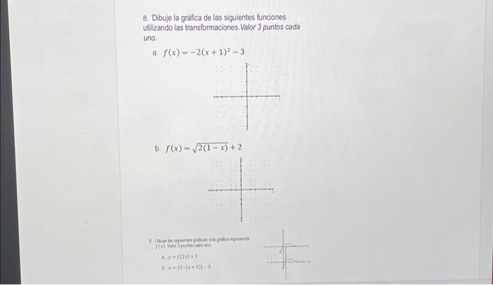 8. Dibuje la gráfica de las siguientes funciones utilizando las transformaciones. Valor 3 puntos cada uno. a. \( f(x)=-2(x+1)