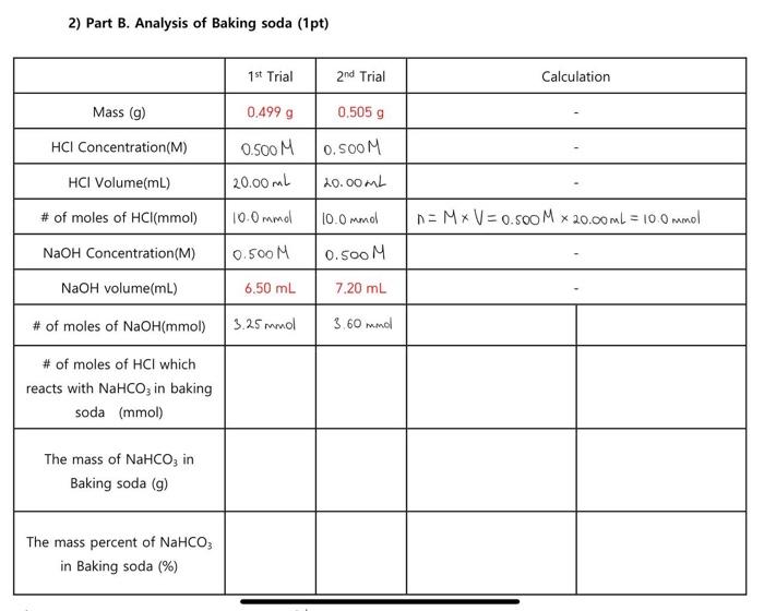 Solved 2) Part B. Analysis of Baking soda (1pt) 1st Trial