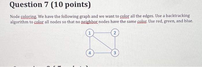 Solved Question 7 (10 points) Node coloring. We have the | Chegg.com