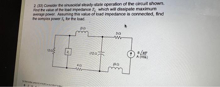 Solved 2. (33) Consider the sinusoidal steady-state | Chegg.com