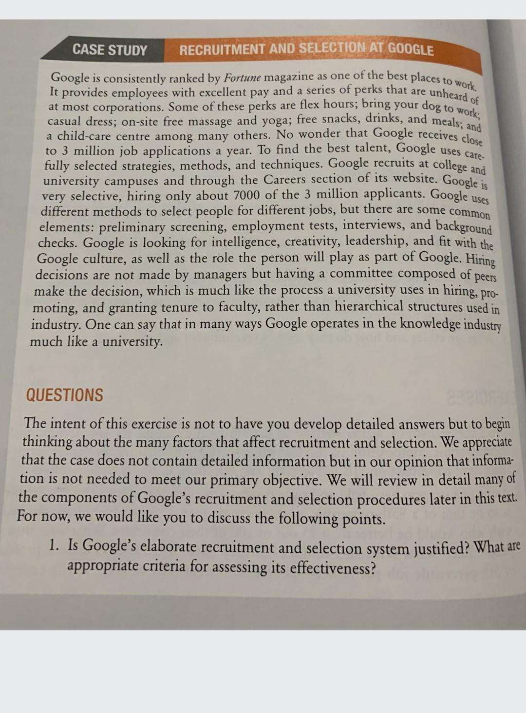 Solved CASE STUDY RECRUITMENT AND SELECTION AT GOOGLE Google 
