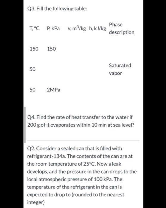 Solved Q3. Fill the following table: T,°C P, kPa v, m²/kg h, | Chegg.com