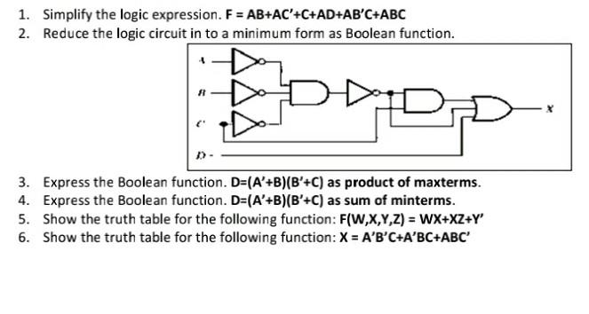 Solved 1. Simplify the logic expression. F = | Chegg.com