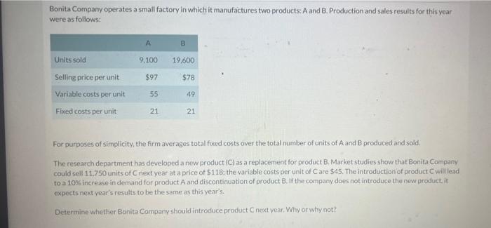 Solved Bonita Company Operates A Small Factory In Which It | Chegg.com