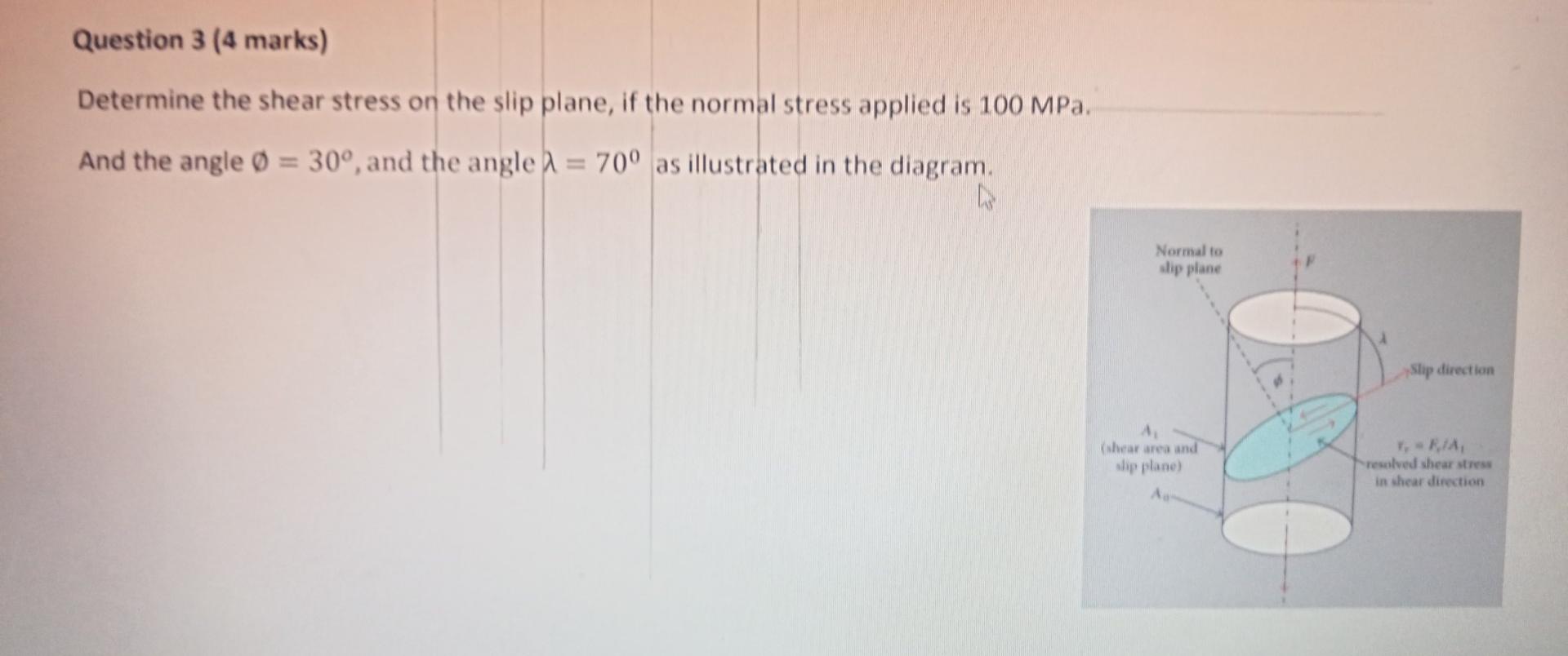 Solved Question 3 (4 marks) Determine the shear stress on | Chegg.com