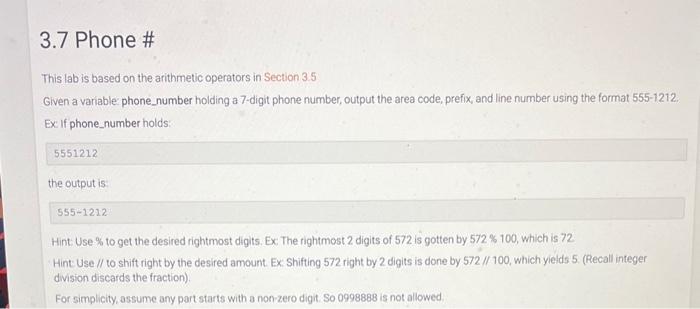 Solved 3.7 Phone # This lab is based on the arithmetic | Chegg.com