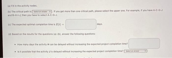 (a) Fill in the activity nodes.
(b) The critical path is If you get more than one critical path, please select the upper one.