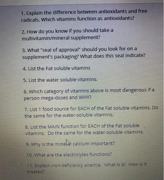 Solved 1. Explain the difference between antioxidants and