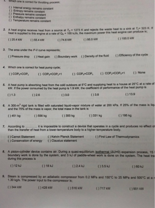 Solved 1. Which one is correct for throttling process ()