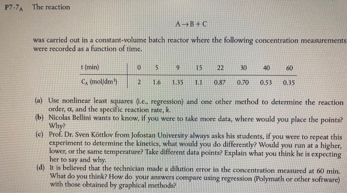 Solved P7-7A The reaction AB+C was carried out in a | Chegg.com
