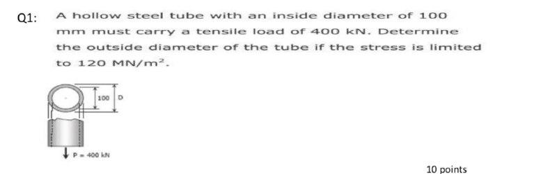 Solved Q1: A hollow steel tube with an inside diameter of | Chegg.com