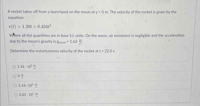 Solved A rocket takes off from a launchpad on the moon at | Chegg.com