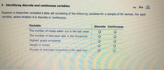 Solved 3. Identifying discrete and continuous variables Aa | Chegg.com