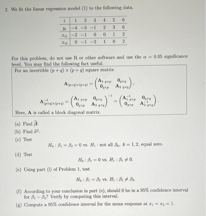 Solved 2. We fit the linear regression model (1) to the | Chegg.com