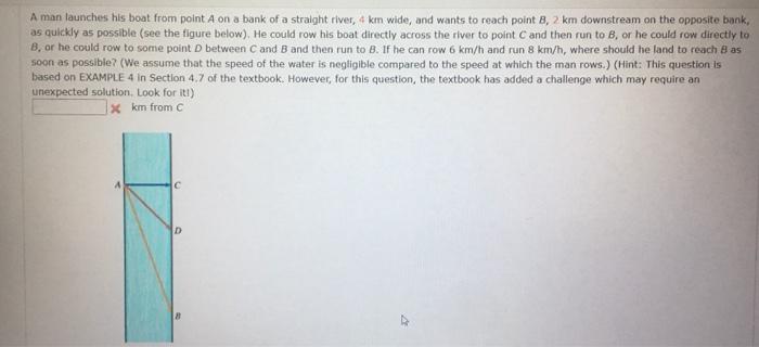 Solved A Man Launches His Boat From Point A On A Bank Of A | Chegg.com