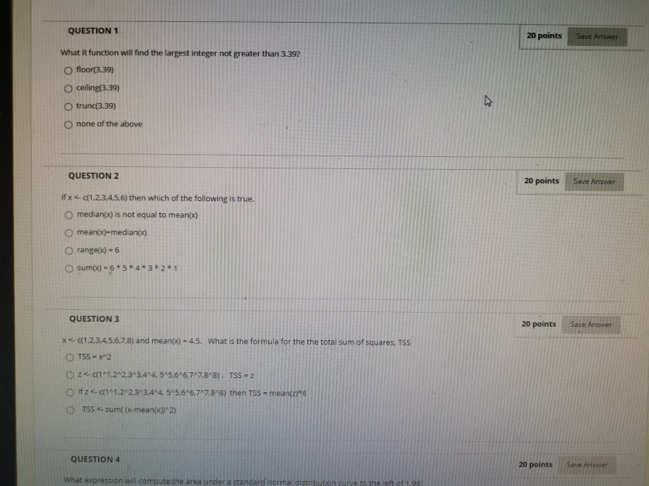 Solved QUESTION 1 20 points Save Answer What R function will | Chegg.com