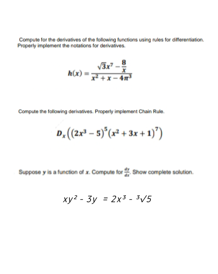Solved Compute for the derivatives of the following | Chegg.com