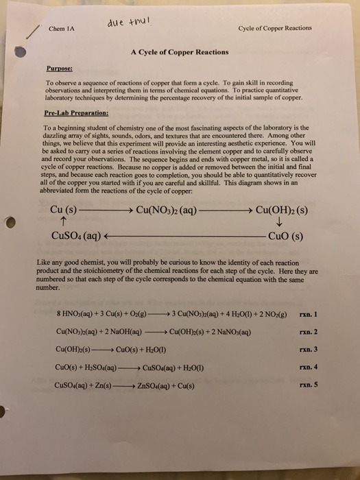 Chem 1A Cycle of Copper Reactions NAME:_ Experimental | Chegg.com