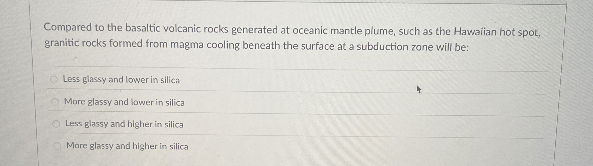 Solved Compared to the basaltic volcanic rocks generated at | Chegg.com
