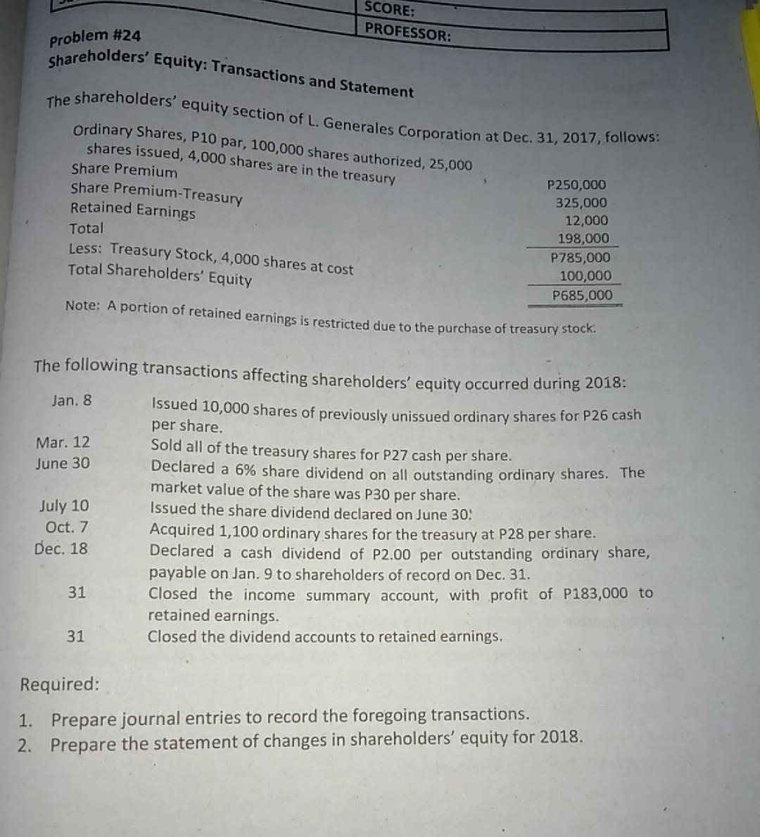Solved SCORE: PROFESSOR: Problem #24 Shareholders' Equity: | Chegg.com