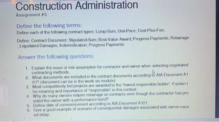 Solved Construction Administration Assignment #5 Define the | Chegg.com