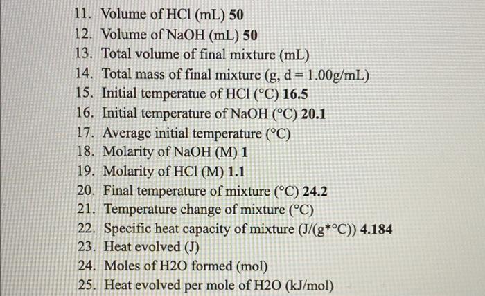 Solved 11. Volume of HCl (mL) 50 12. Volume of NaOH (mL) 50 | Chegg.com