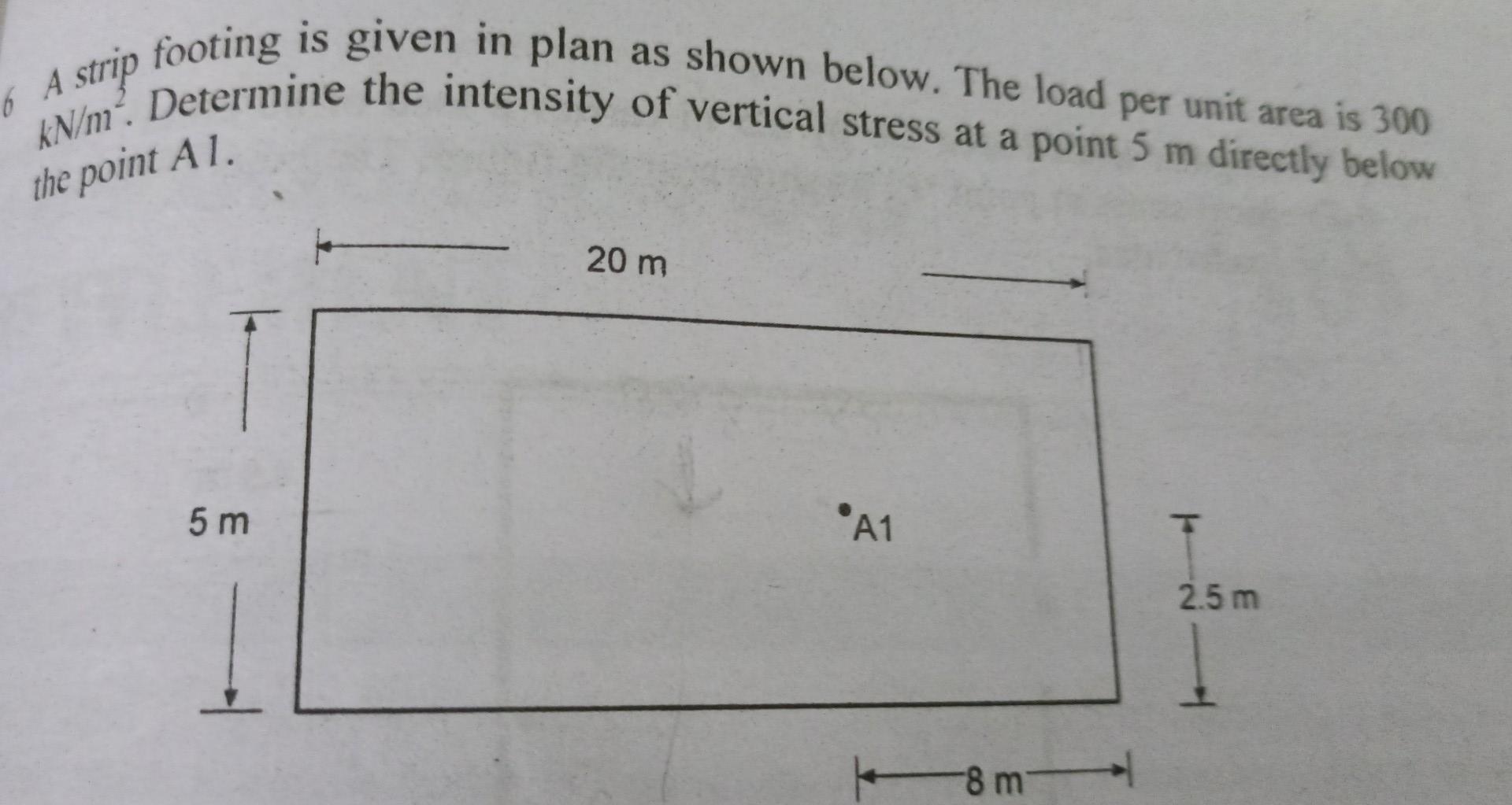 A strip footing is given in plan as shown below. The load per unit area is 300 \( \mathrm{kN}^{\mathrm{N} / \mathrm{n}^{2}} \