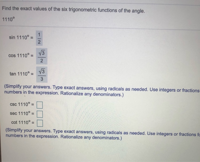 Solved Find the exact values of the six trigonometric | Chegg.com
