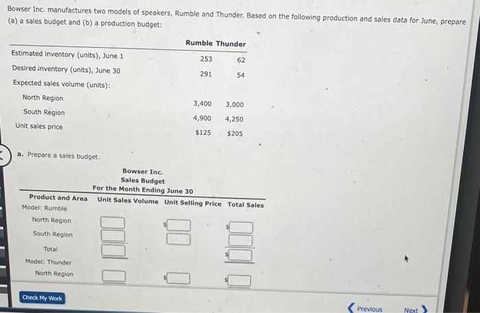 Bowser Inc. manufactures two models of speakers, Rumble and Thunder. Based on the following production and sales data for Jun