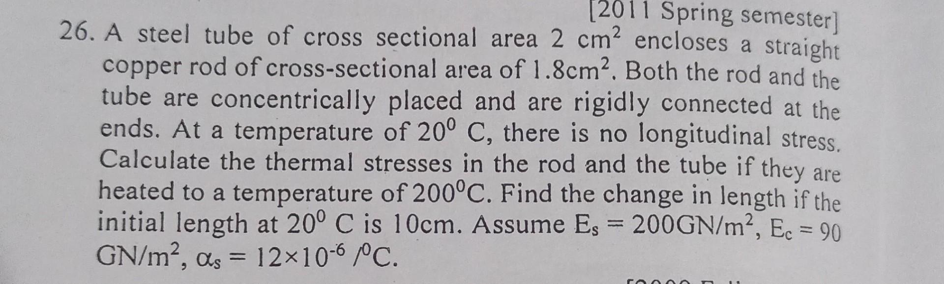 Solved [2011 Spring semester] 26. A steel tube of cross | Chegg.com
