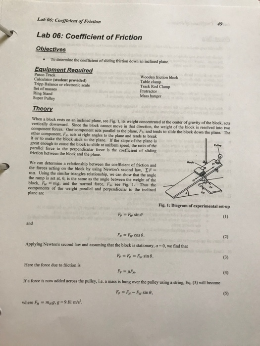 Lab 06: Coefficient of Friction Lab 06: Coefficient | Chegg.com