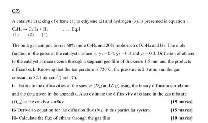 Solved A catalytic cracking of ethane (1) to ethylene (2) | Chegg.com