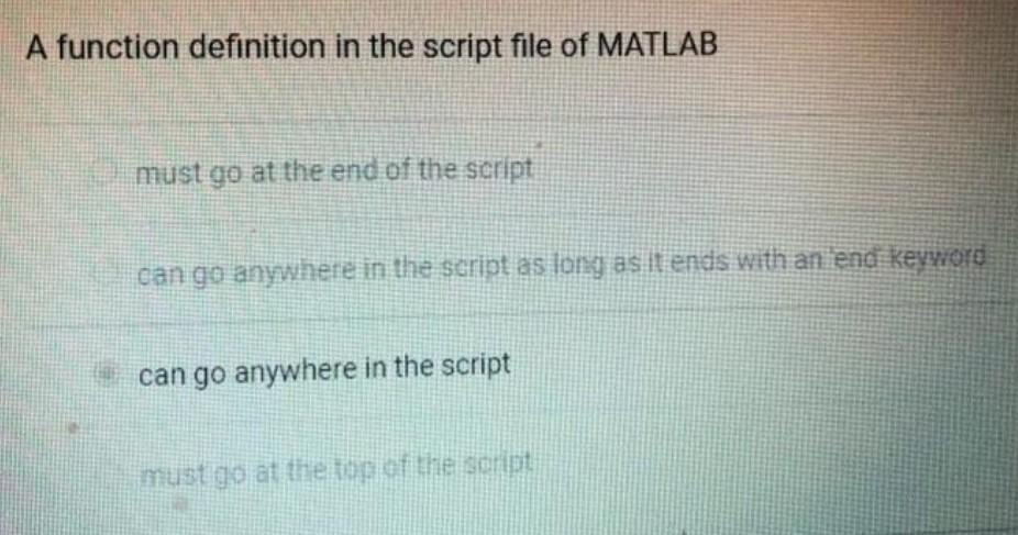 Solved A function definition in the script file of MATLAB | Chegg.com