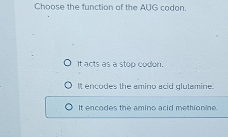 Solved Choose the function of the AUG codon.It acts as a | Chegg.com image.