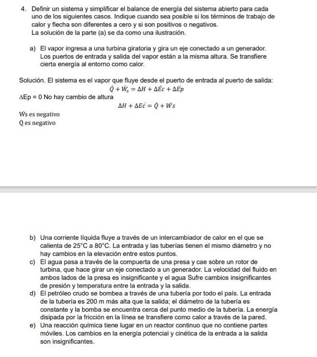 4. Definir un sistema y simplificar el balance de energia del sistema abierto para cada uno de los siguientes casos. Indique