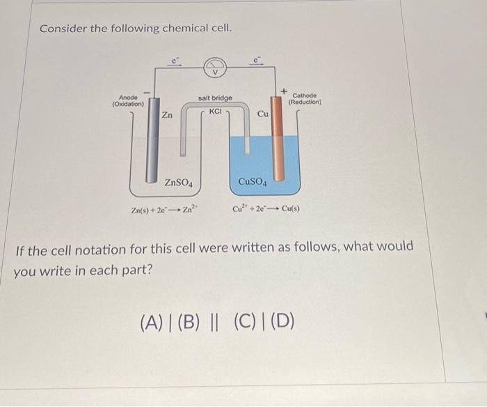 Consider the following chemical cell.
If the cell notation for this cell were written as follows, what would you write in eac