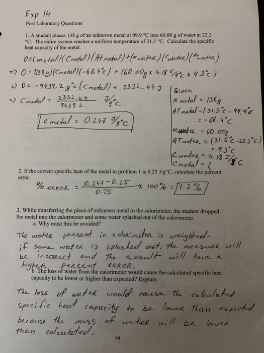 Solved Exp 14 Post Laboratory Questions 1. A student places | Chegg.com