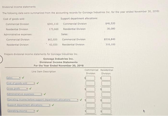 Solved Divisional income statements The following data were | Chegg.com
