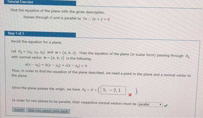 Solved Tutorial Exercise Find The Equation Of The Plane With | Chegg.com