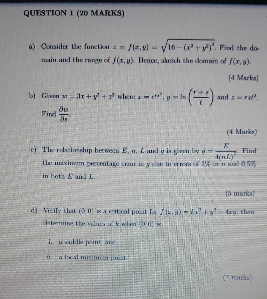 Solved Question 1 Marks A Consider The Function Z Chegg Com