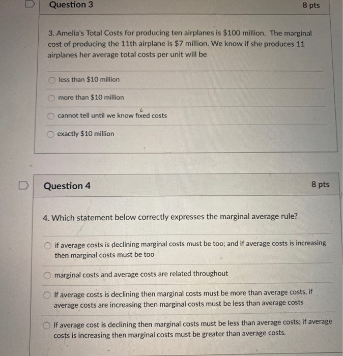 Solved n Question 3 8 pts 3. Amelia's Total Costs for | Chegg.com