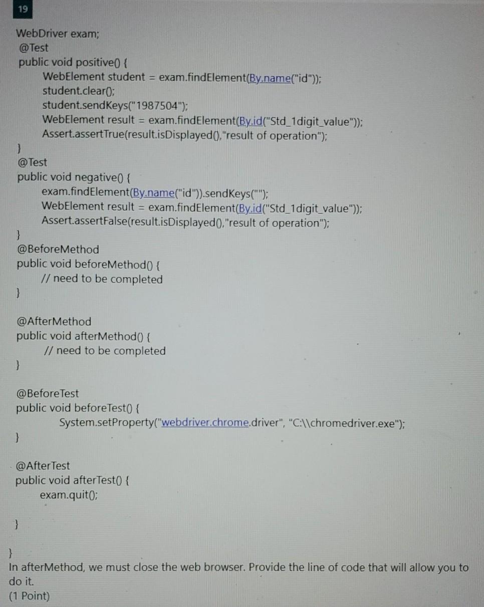 Solved 17 WebDriver exam; @Test public void positive() { | Chegg.com